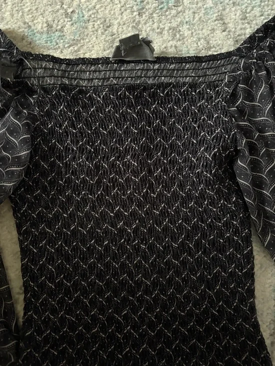 Anthropologie Black Smocked Square Neck Puff Sleeve Blouse XS Sheer Sleeve Top - Picture 5 of 5